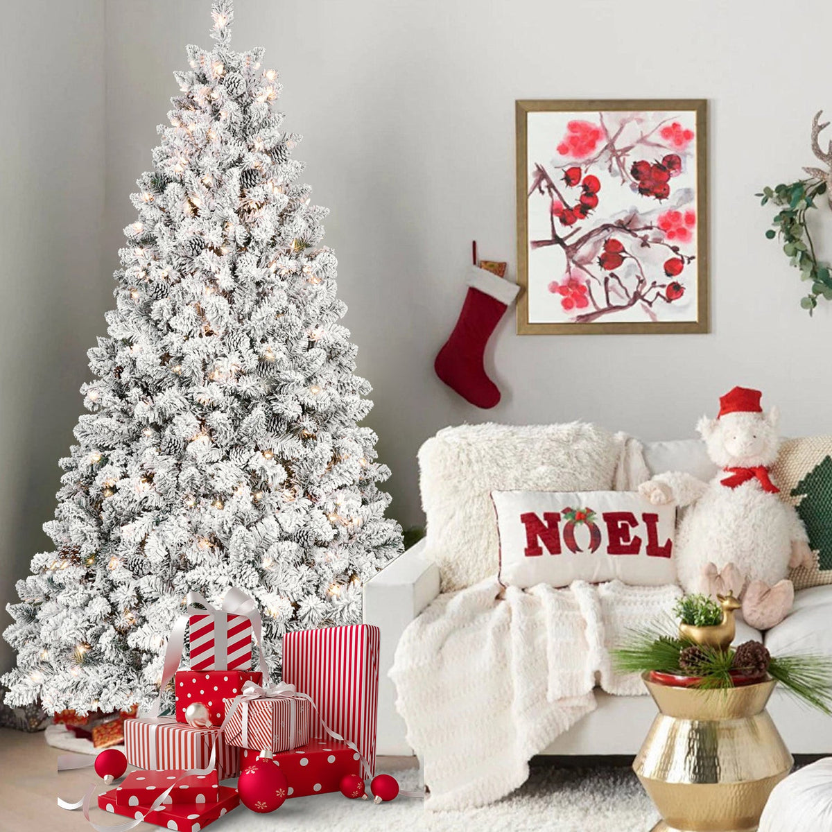 6FT Snow-Flocked Artificial Christmas Tree With Pine Cones, Prelit Xmas Trees, Hinged Easy Assembly & Reinforced Metal B