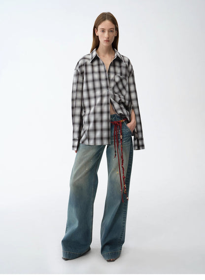 "Climber" Leather-Coated Distressed Straight Low-Rise Cotton Denim Trousers for Spring