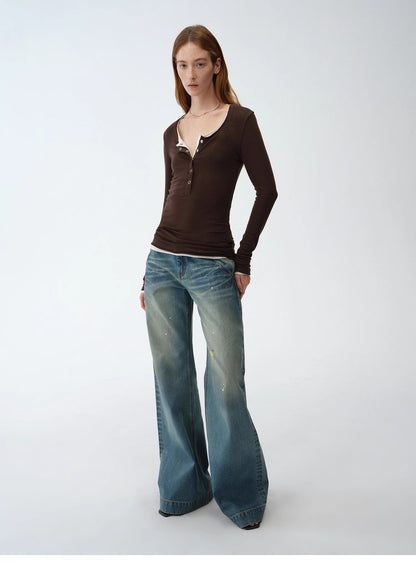 "Climber" Leather-Coated Distressed Straight Low-Rise Cotton Denim Trousers for Spring
