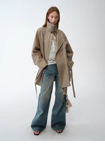"Climber" Leather-Coated Distressed Straight Low-Rise Cotton Denim Trousers for Spring