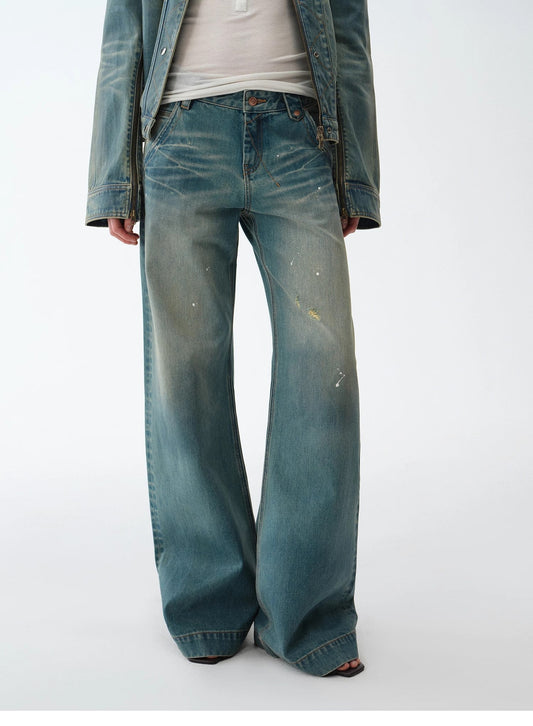 "Climber" Leather-Coated Distressed Straight Low-Rise Cotton Denim Trousers for Spring