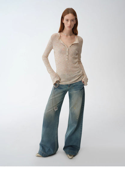 "Climber" Leather-Coated Distressed Straight Low-Rise Cotton Denim Trousers for Spring