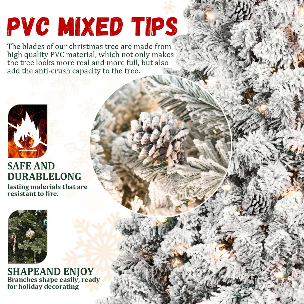 6FT Snow-Flocked Artificial Christmas Tree With Pine Cones, Prelit Xmas Trees, Hinged Easy Assembly & Reinforced Metal B