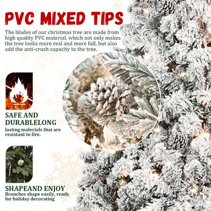 6FT Snow-Flocked Artificial Christmas Tree With Pine Cones, Prelit Xmas Trees, Hinged Easy Assembly & Reinforced Metal B