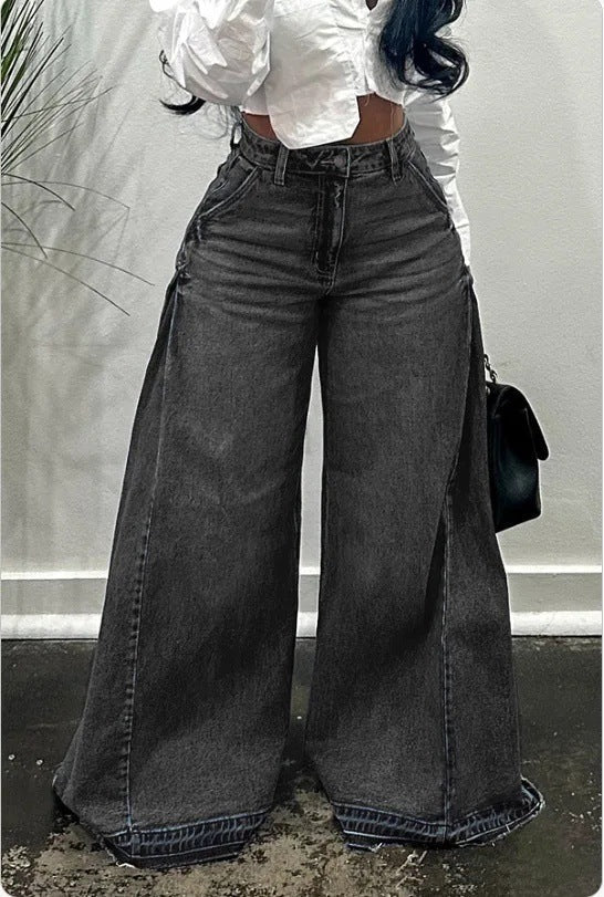 Loose Wide Leg Jeans Stitching Bell-Bottom Pants Tassel Trousers