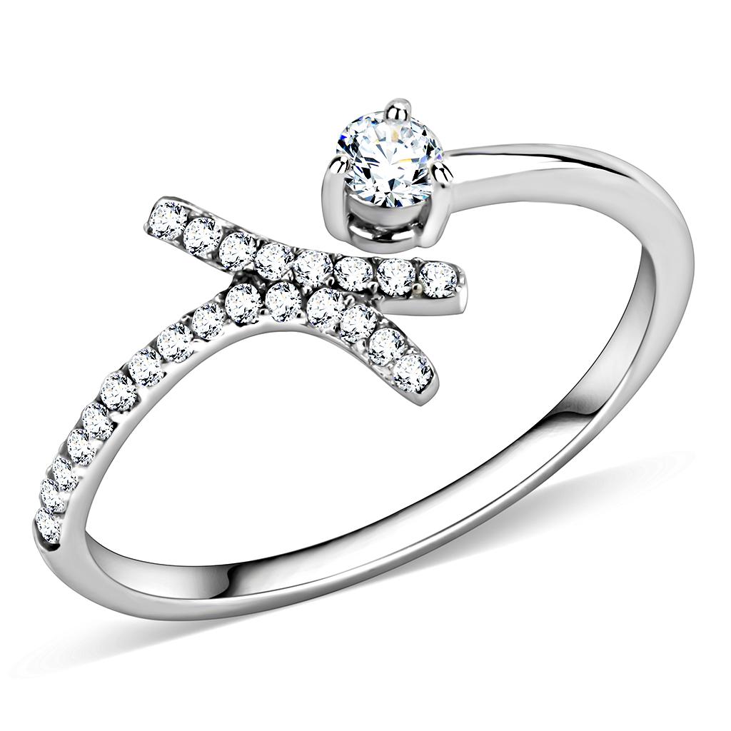 DA145 High Polished (No Plating) Stainless Steel Ring With AAA Grade CZ in Clear