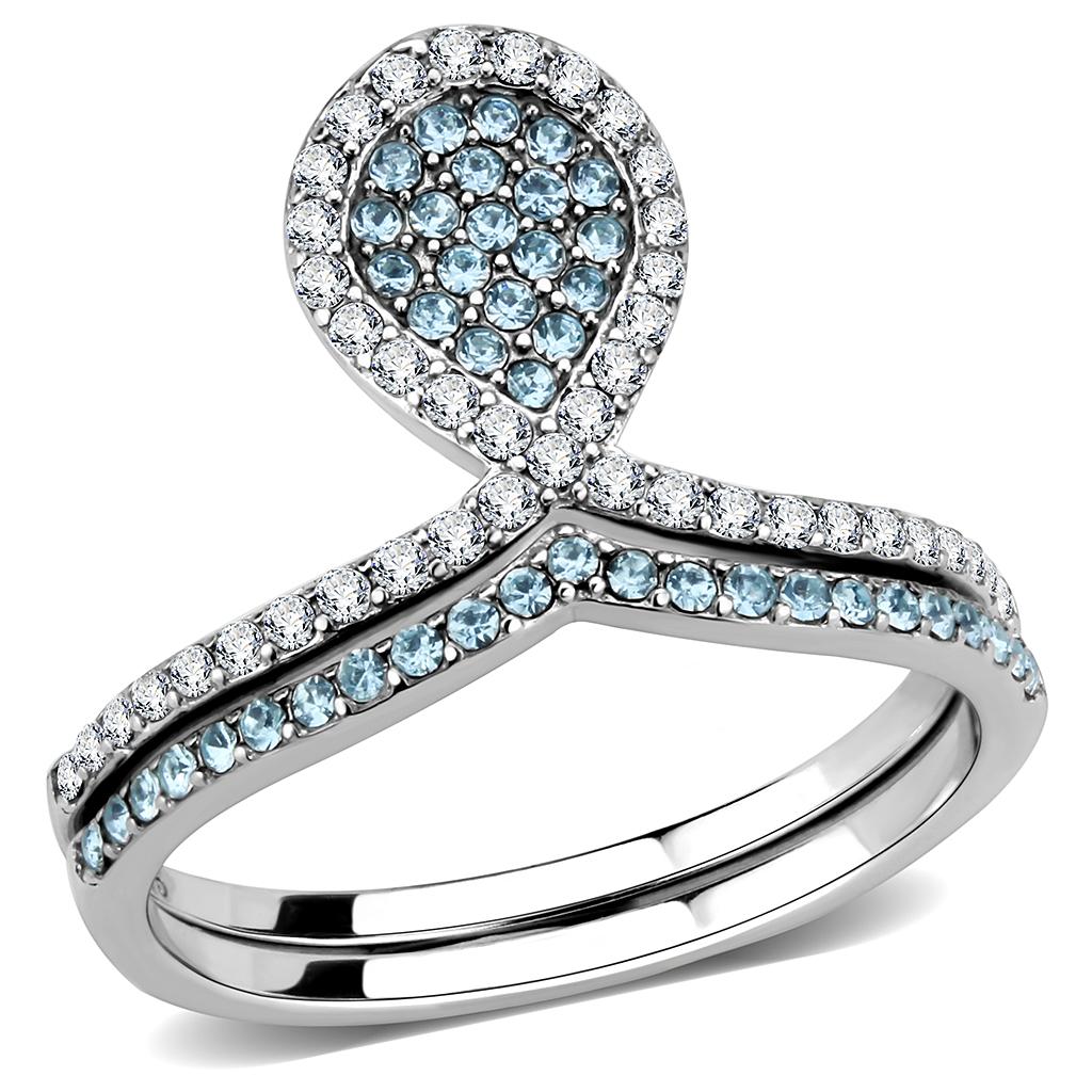 DA268 High Polished (No Plating) Stainless Steel Ring With AAA Grade CZ in Sea Blue