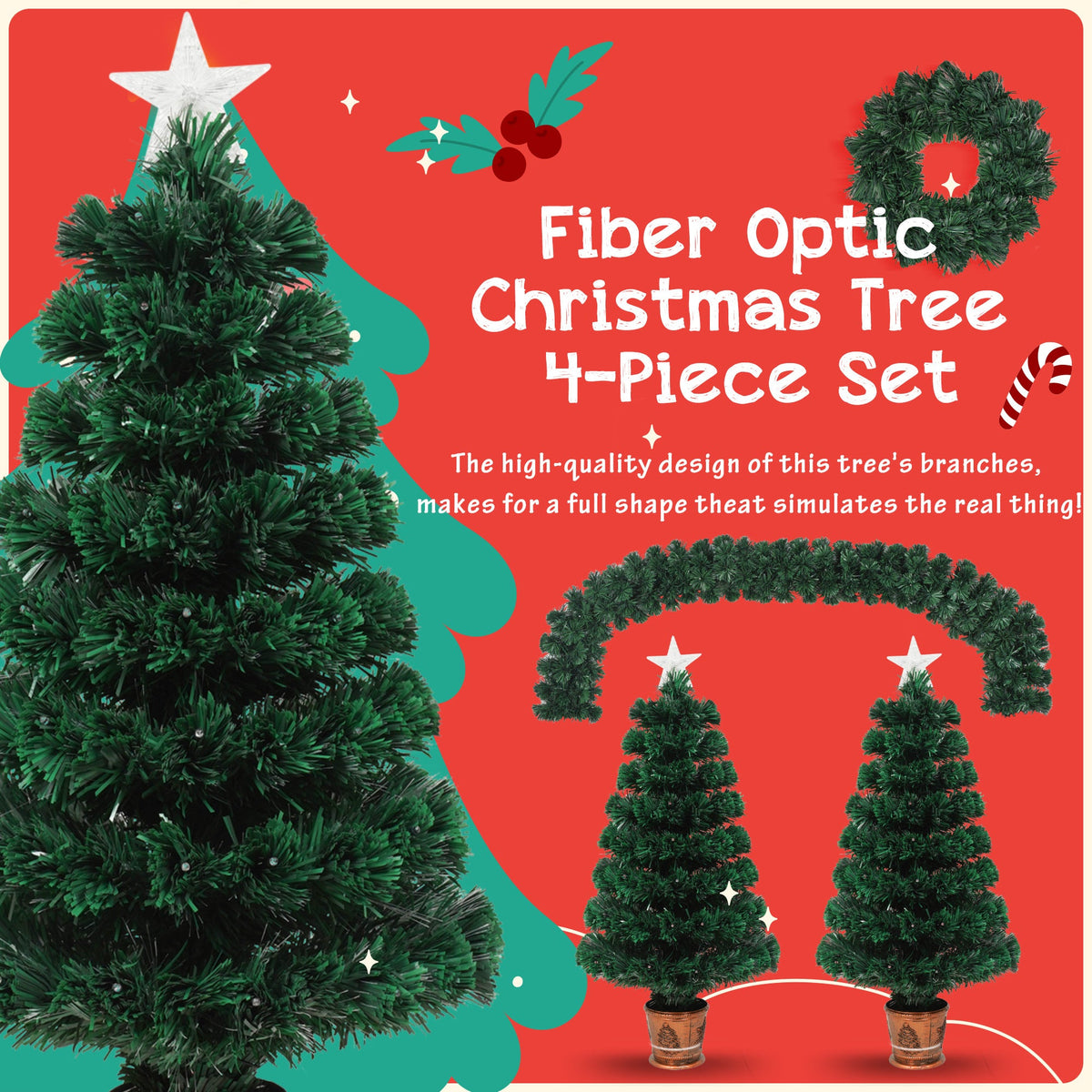 Pre-Lit Optical Fiber Christmas Artificial Tree 4-Piece Set, Christmas Garland, Wreath and Set of 2 Entrance Trees With