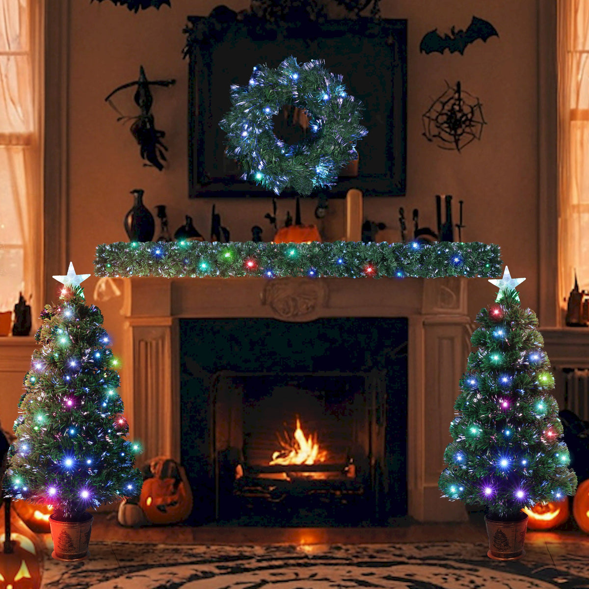 Pre-Lit Optical Fiber Christmas Artificial Tree 4-Piece Set, Christmas Garland, Wreath and Set of 2 Entrance Trees With