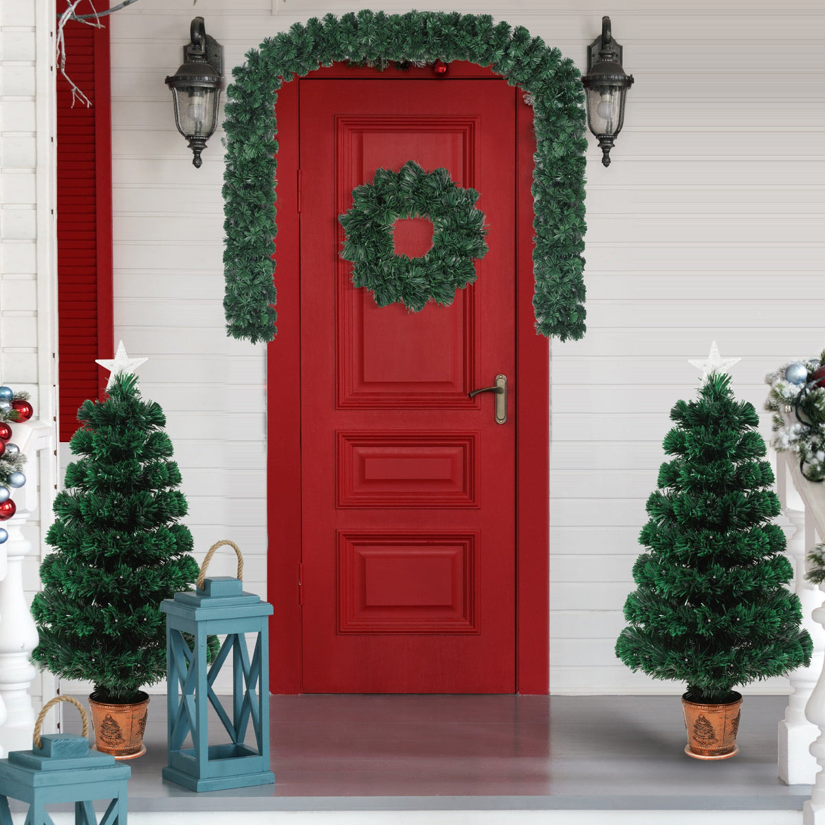 Pre-Lit Optical Fiber Christmas Artificial Tree 4-Piece Set, Christmas Garland, Wreath and Set of 2 Entrance Trees With