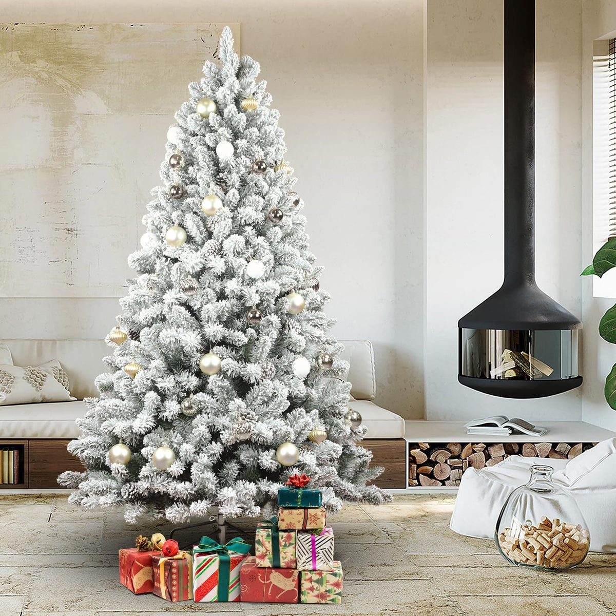 6FT Snow-Flocked Artificial Christmas Tree With Pine Cones, Prelit Xmas Trees, Hinged Easy Assembly & Reinforced Metal B