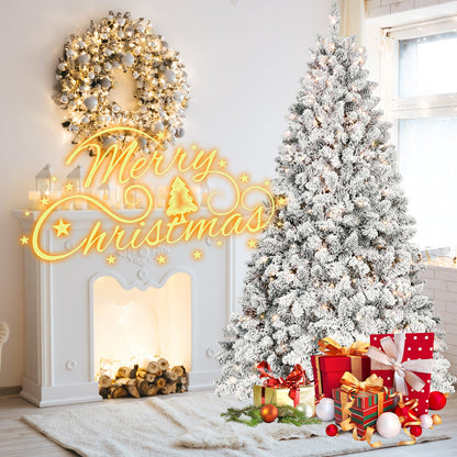 6FT Snow-Flocked Artificial Christmas Tree With Pine Cones, Prelit Xmas Trees, Hinged Easy Assembly & Reinforced Metal B