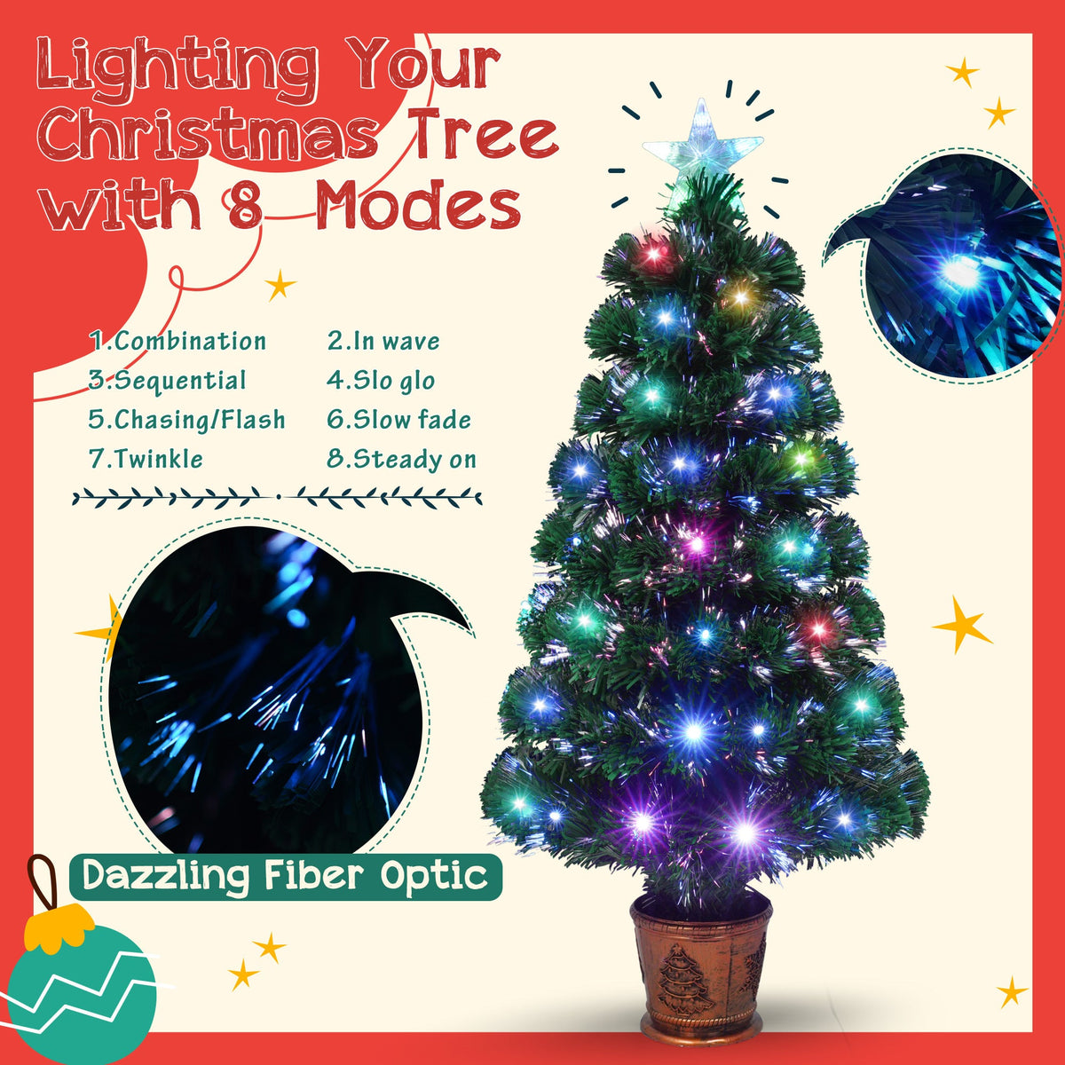 Pre-Lit Optical Fiber Christmas Artificial Tree 4-Piece Set, Christmas Garland, Wreath and Set of 2 Entrance Trees With