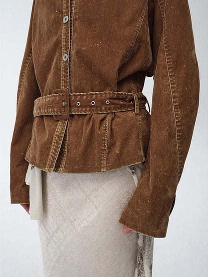 "Haruno Dream" Retro Distressed Flocked Denim Low Waistband Long Sleeve Shirt Women's Jacket