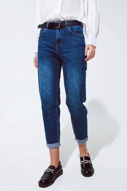 Mum Jean in Medium Wash With Folded Hem