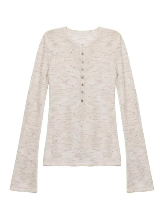 Fashionable Cotton and Linen Beaded Fancy Yarn Waisted Bell Sleeves Round Neck Cardigan Knitted Top"Perry Moonlight"