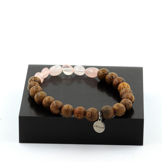 Rose Quartz from Brazil + wood 8 mm beads Bracelet. Made in France