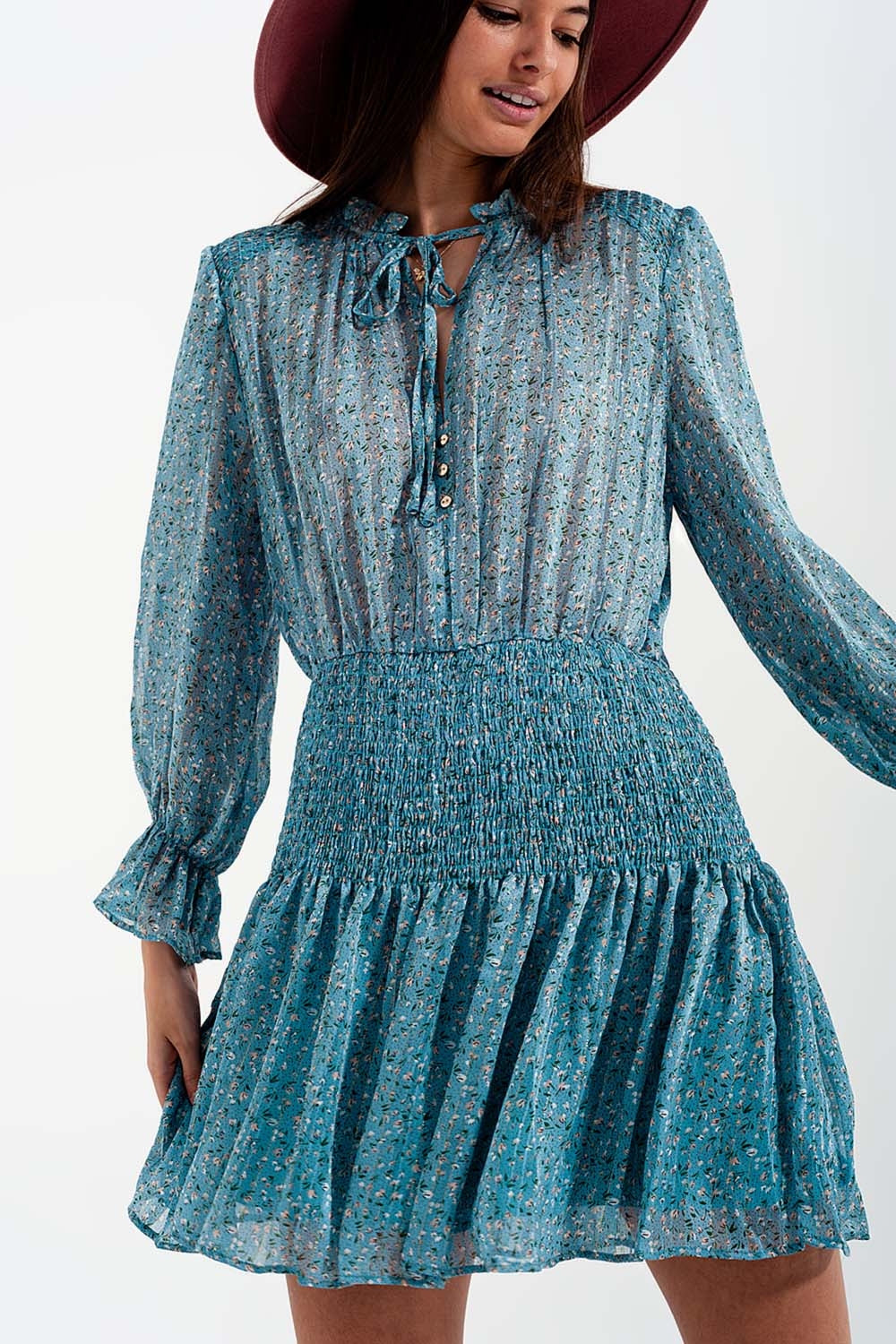 Shirred Skirt Mini Dress With Keyhole Detail in Turquoise