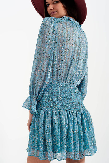 Shirred Skirt Mini Dress With Keyhole Detail in Turquoise
