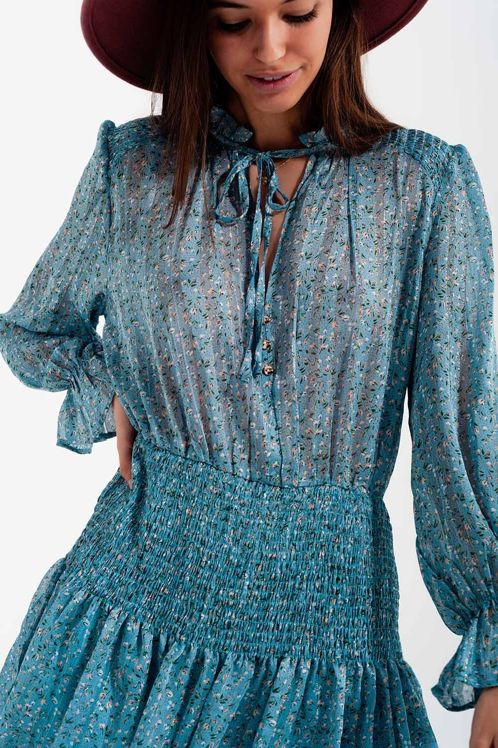 Shirred Skirt Mini Dress With Keyhole Detail in Turquoise