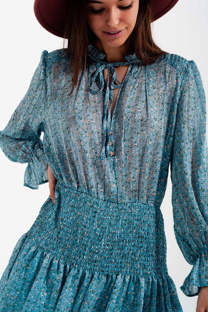 Shirred Skirt Mini Dress With Keyhole Detail in Turquoise