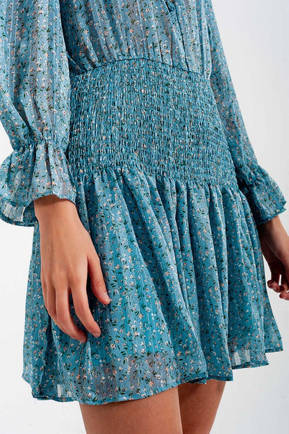 Shirred Skirt Mini Dress With Keyhole Detail in Turquoise