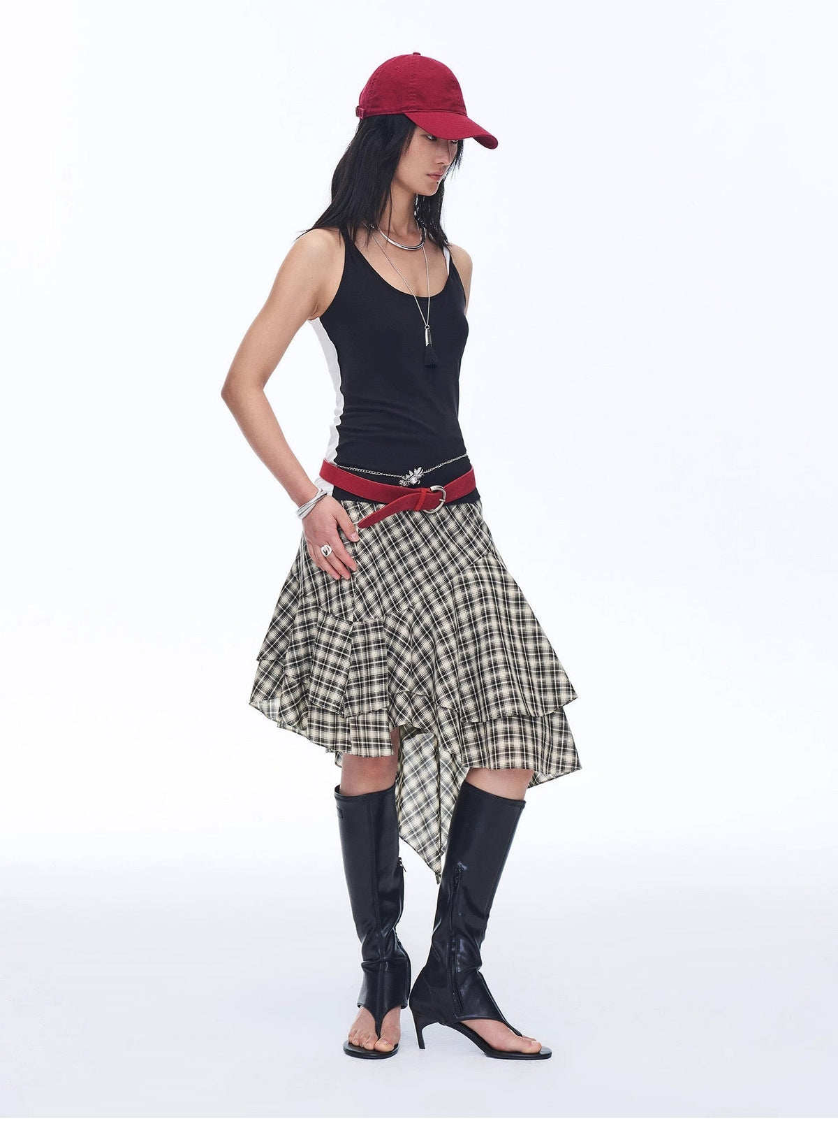 Tencel Acetate Plaid Irregular A-Line Skirt"Full-Level Ballet"