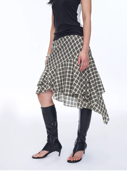 Tencel Acetate Plaid Irregular A-Line Skirt"Full-Level Ballet"