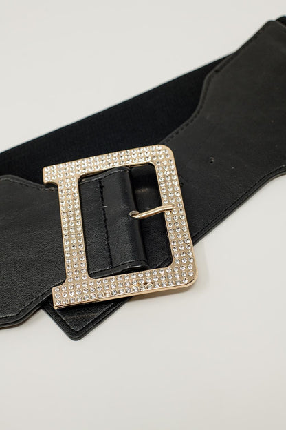 Wide Elastic Black Belt With Rhinestone Details