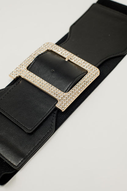 Wide Elastic Black Belt With Rhinestone Details
